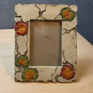 Vintage Faux Stone Resin Picture Frame 3D Fall Leaves Cracked Textured Decor